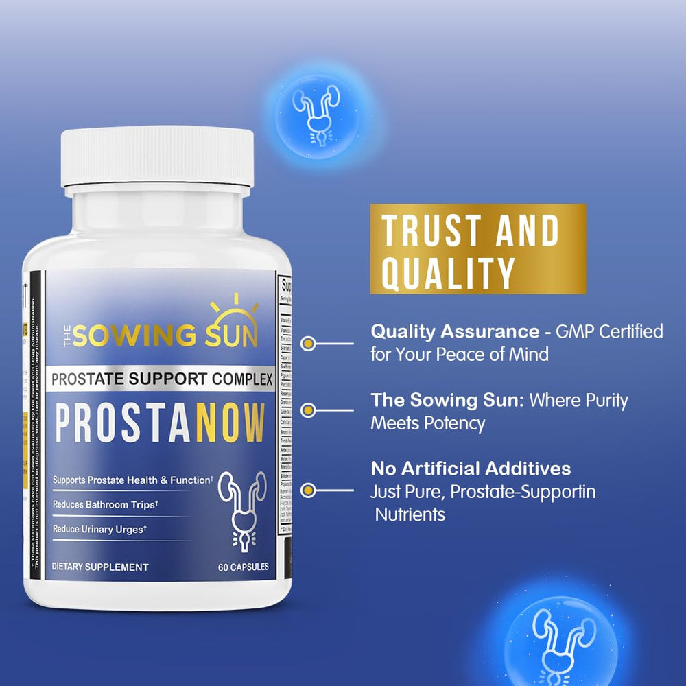 The Sowing Sun ProstNow natural-ingredients board signals a clean formulation.