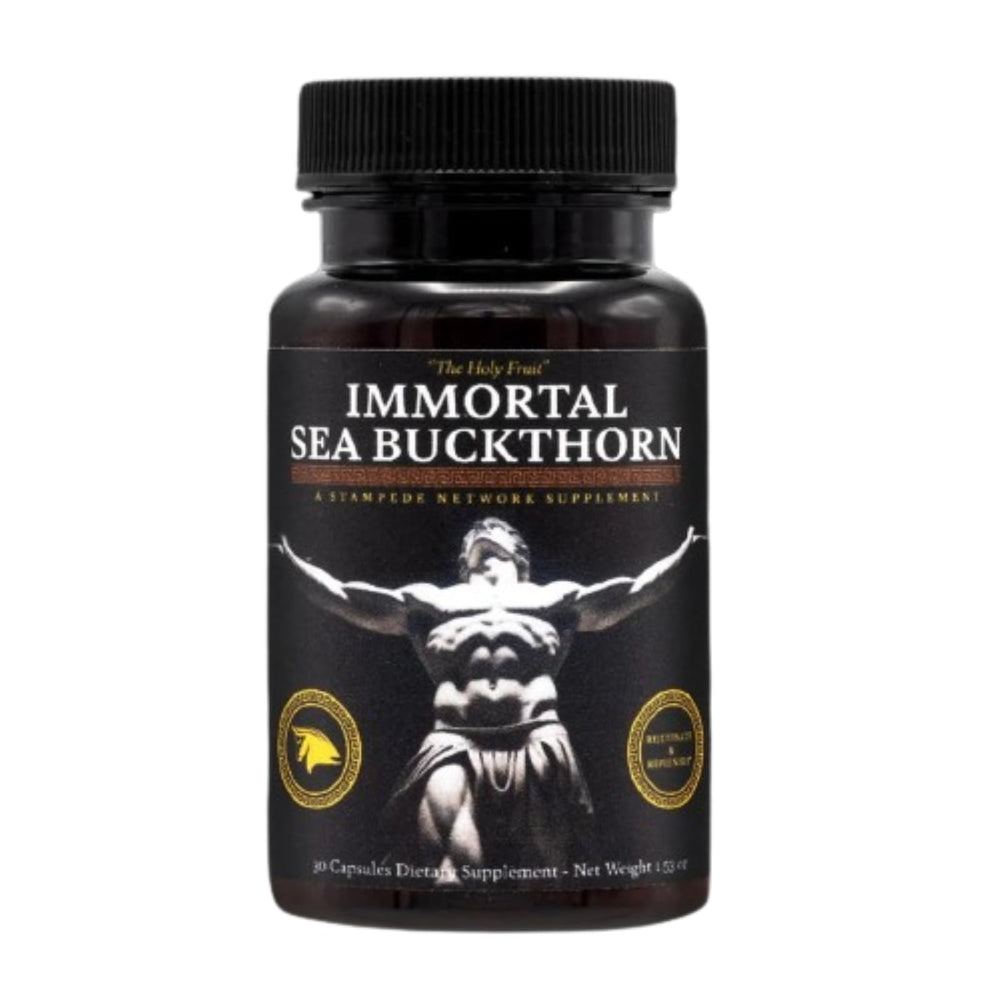 The Stampede Network Immortal Sea Buckthorn Capsules bottle for daily vitality.