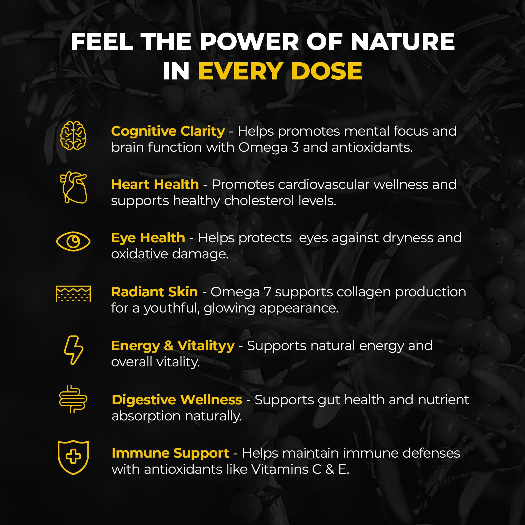 Immortal Sea Buckthorn Capsules contents reveal a nutrient-dense, omega-rich blend.