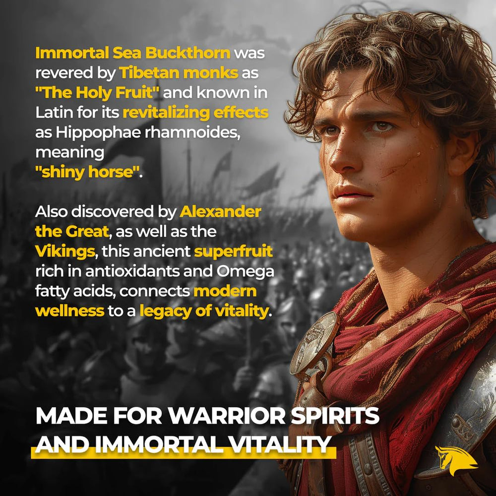 Immortal Sea Buckthorn CO2 extraction label emphasizes purity and solvent-free processing.