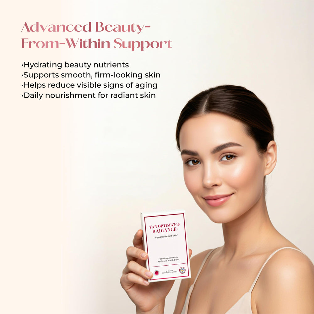 The Swedish Diet Tan Optimizer Radiance+ highlights hyaluronic acid for skin hydration and elasticity.