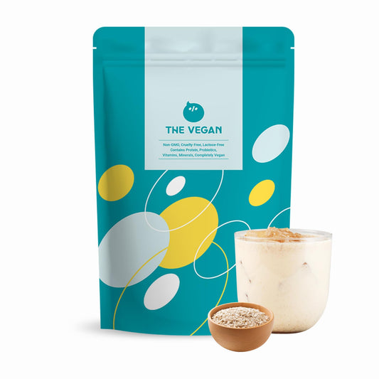 THE VEGAN packaging for oat-milk protein powder showcases dairy-free nutrition.
