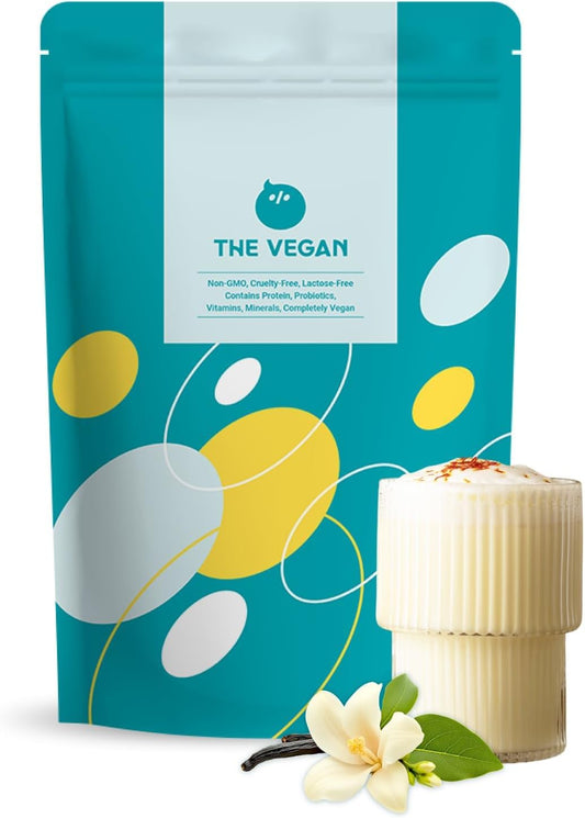THE VEGAN Vanilla protein powder canister front showing clean label and branding for daily protein support