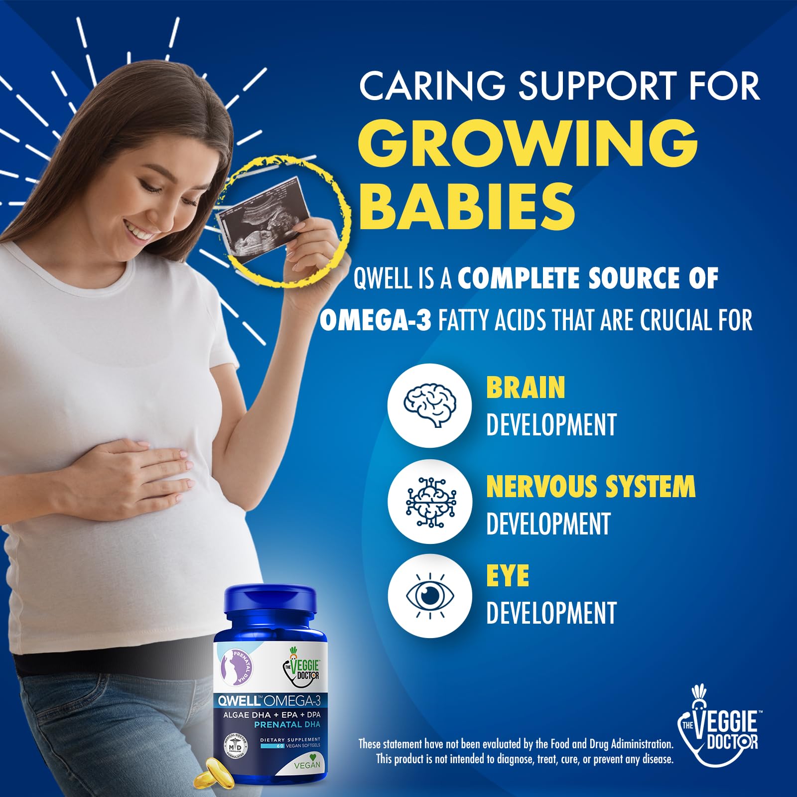 The Veggie Doctor algae-sourced DHA label indicating sustainable, carrageenan-free prenatal omega-3 choice.