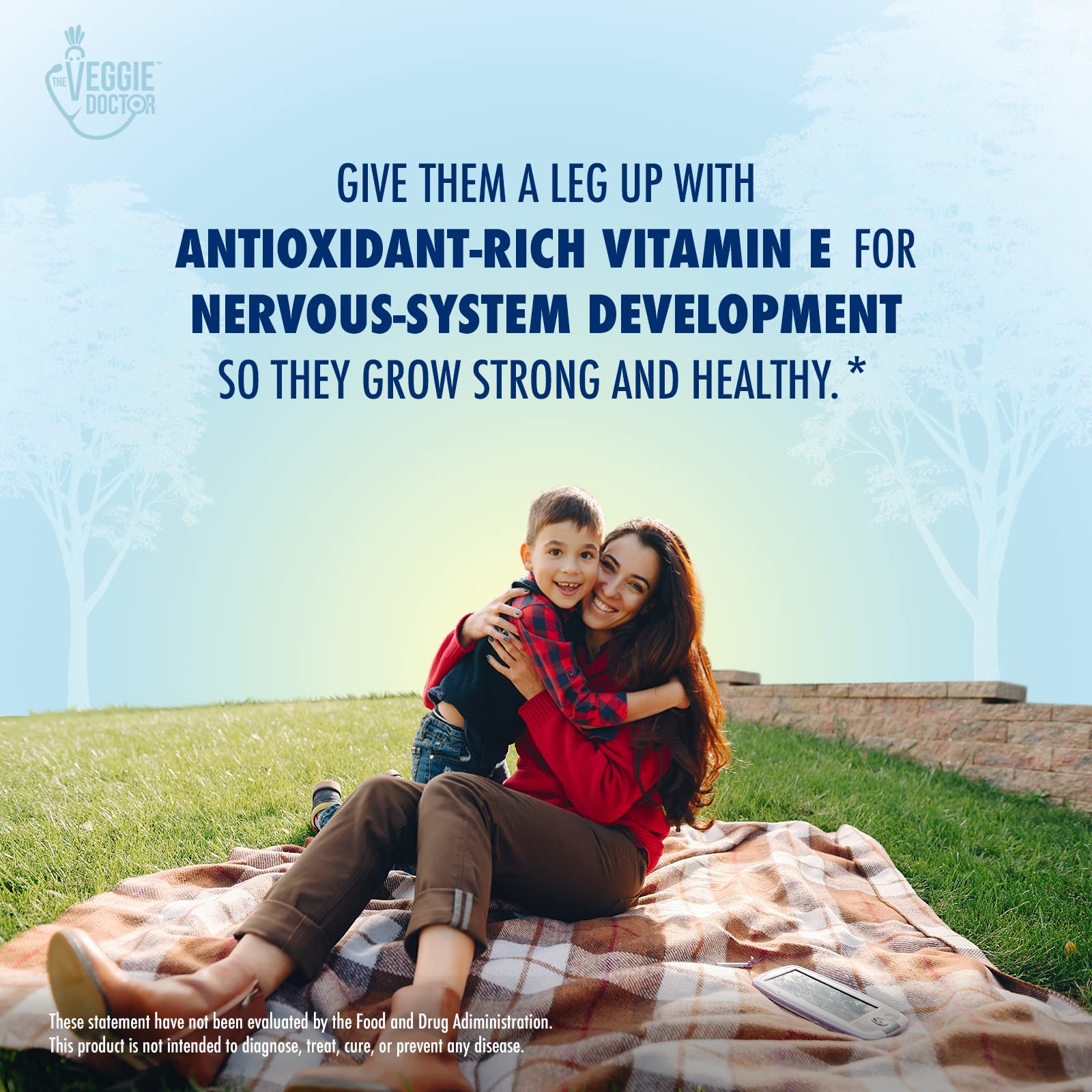 The Veggie Doctor brain and eye support icons reflecting potential developmental benefits.