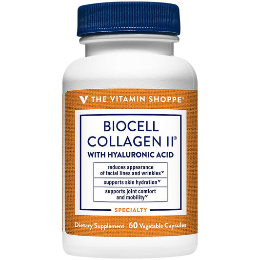 The Vitamin Shoppe Collagen Type II 1000mg bottle on display supports joint health.