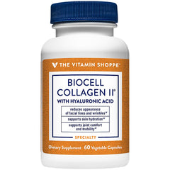 The Vitamin Shoppe Collagen Type II 1000mg bottle on display supports joint health.