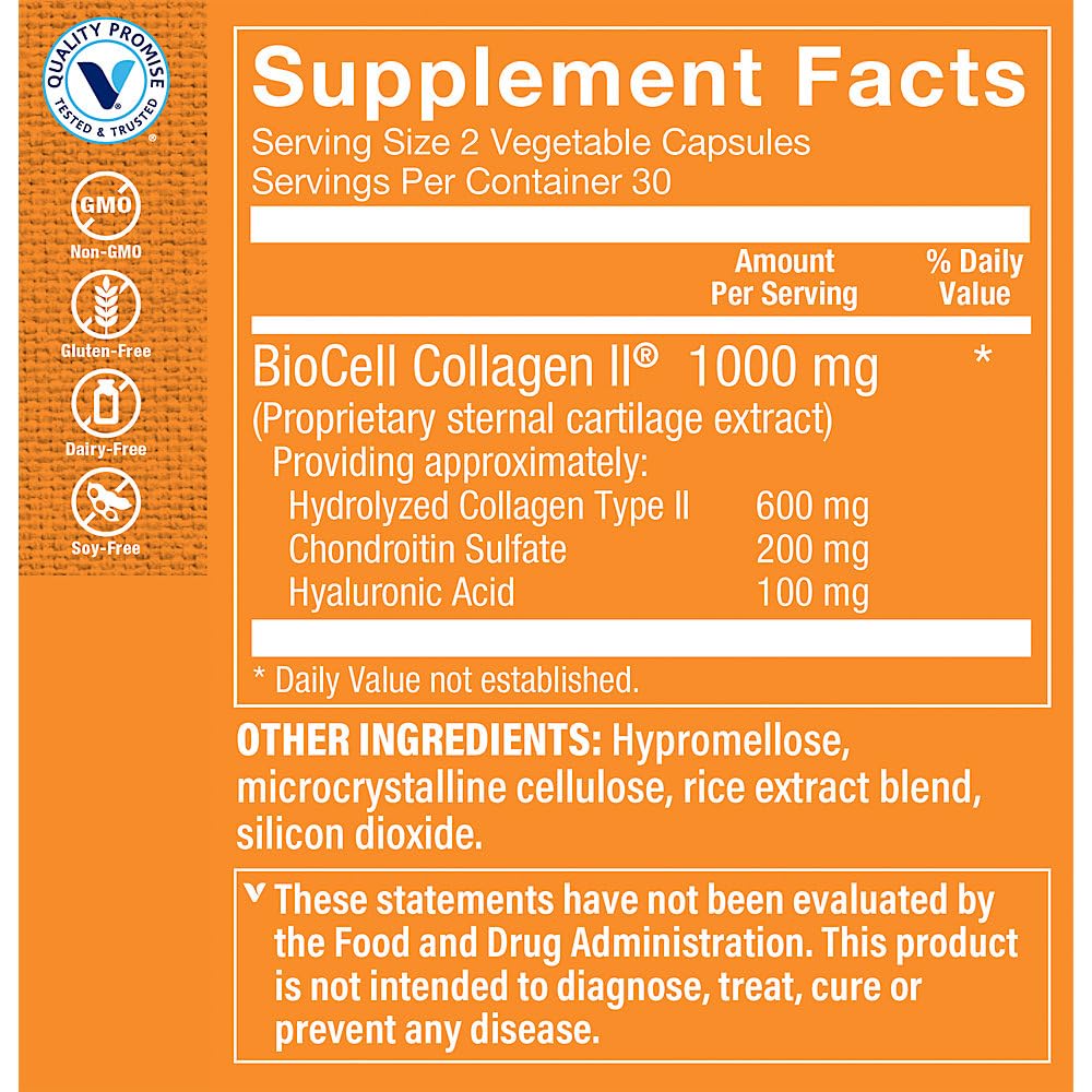 The Vitamin Shoppe Collagen Type II capsules close-up promotes skin elasticity potential.