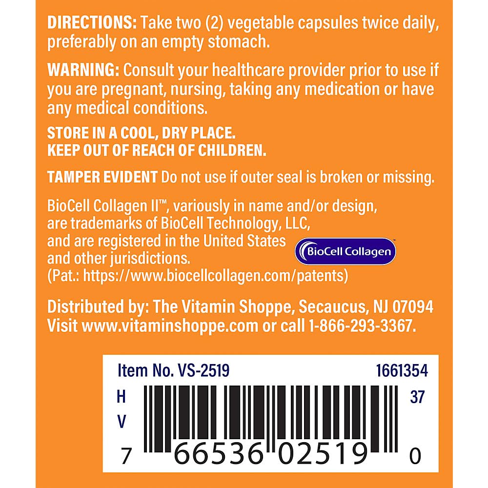 The Vitamin Shoppe Collagen Type II bottle pour demonstrates daily intake convenience.