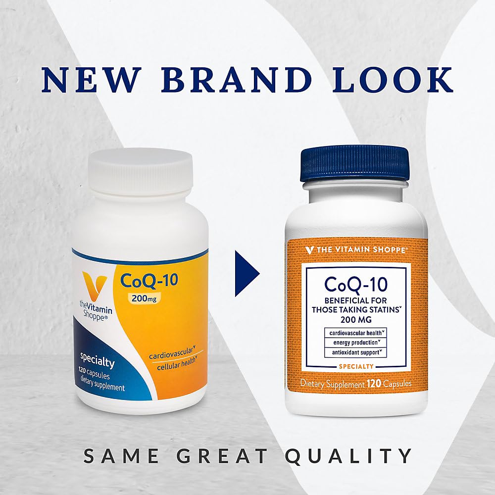 The Vitamin Shoppe CoQ-10 200mg bottle back view showing supplement details for energy support.
