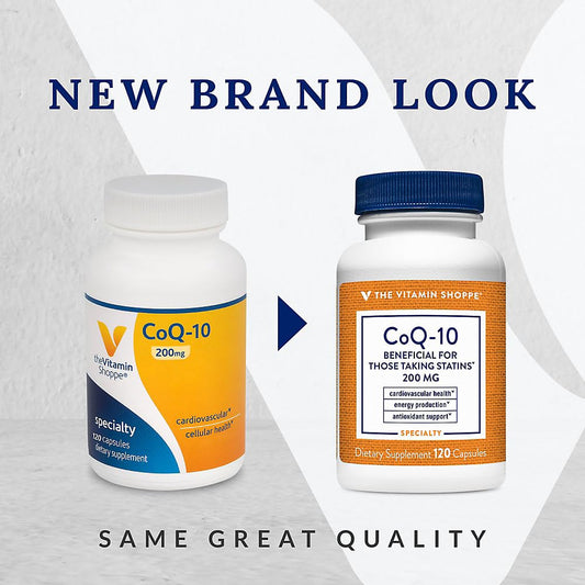 The Vitamin Shoppe CoQ-10 200mg bottle back view showing supplement details for energy support.