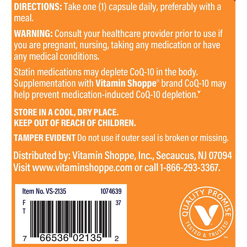 The Vitamin Shoppe CoQ-10 capsules arranged for convenient daily supplementation.