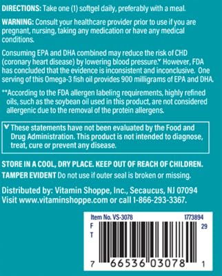 The Vitamin Shoppe Omega 3 Fish Oil label shows purity and molecular distillation.