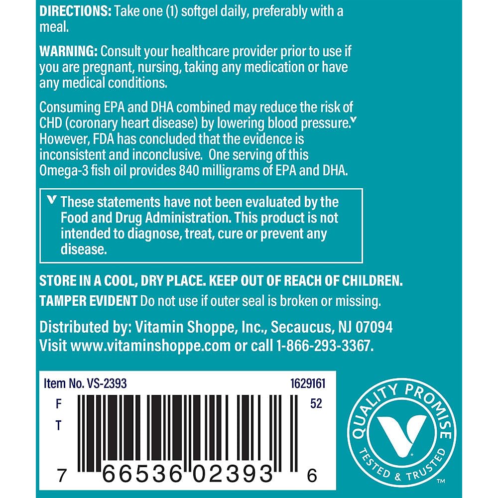 The Vitamin Shoppe Omega 3 bottle front view showing pure, distilled quality