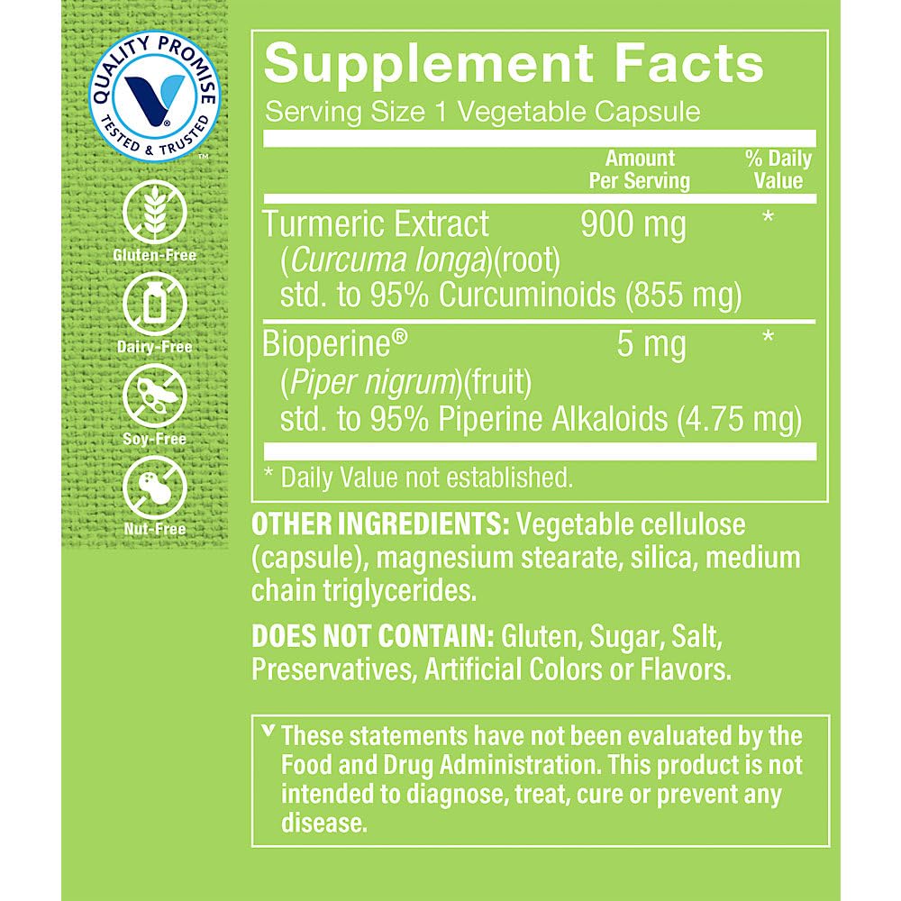 The Vitamin Shoppe triple-strength turmeric capsules closeup suggests potent antioxidant benefits