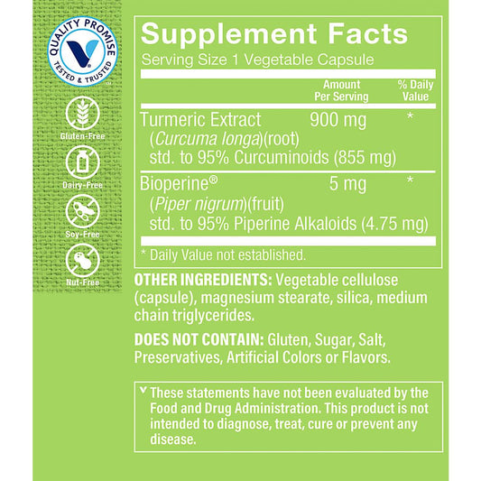 The Vitamin Shoppe triple-strength turmeric capsules closeup suggests potent antioxidant benefits