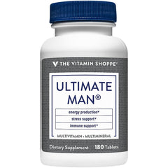The Vitamin Shoppe Ultimate Man Multivitamin bottle with nutrition label communicates ingredient transparency