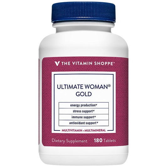 The Vitamin Shoppe Ultimate Woman's Gold Multivitamin bottle front view supports daily wellness.