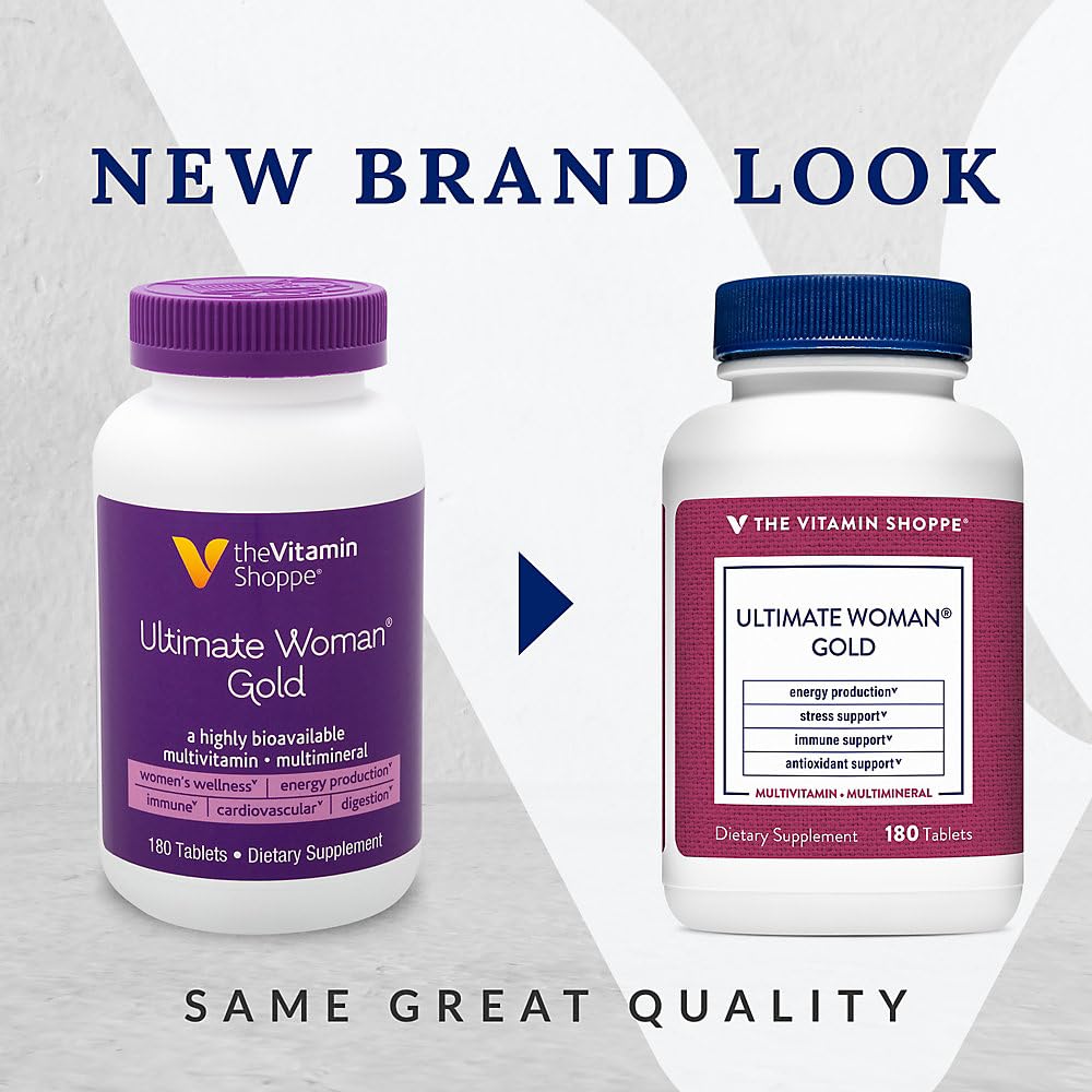 The Vitamin Shoppe Ultimate Woman's Gold Multivitamin tablets ready for daily nutrient intake.