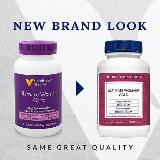 The Vitamin Shoppe Ultimate Woman's Gold Multivitamin tablets ready for daily nutrient intake.