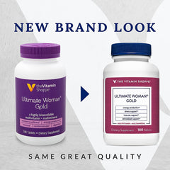 The Vitamin Shoppe Ultimate Woman's Gold Multivitamin tablets ready for daily nutrient intake.