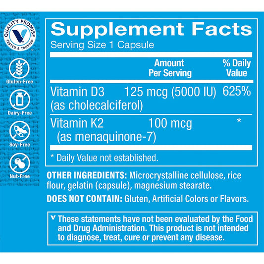 The Vitamin Shoppe Vitamin D3 K2 5000 IU bottle label highlighting potency and K2 synergy.
