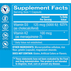 The Vitamin Shoppe Vitamin D3 K2 5000 IU bottle label highlighting potency and K2 synergy.