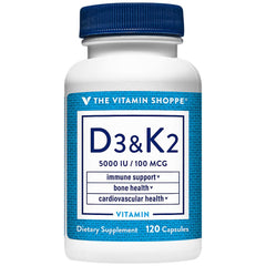 The Vitamin Shoppe Vitamin D3 K2 5000 IU bottle pour for daily bone support.