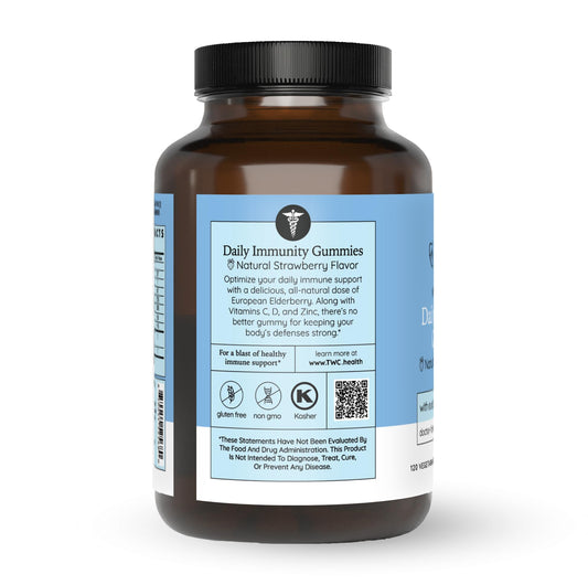The Wellness Company Daily Immunity Gummies bottle closeup, highlighting chewable daily immune support.