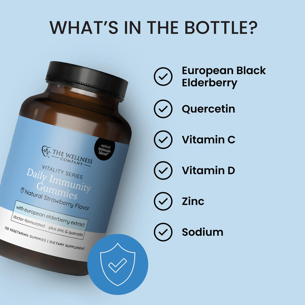 The Wellness Company Immunity Gummies elderberry illustration, featuring natural berry immune-support ingredients.
