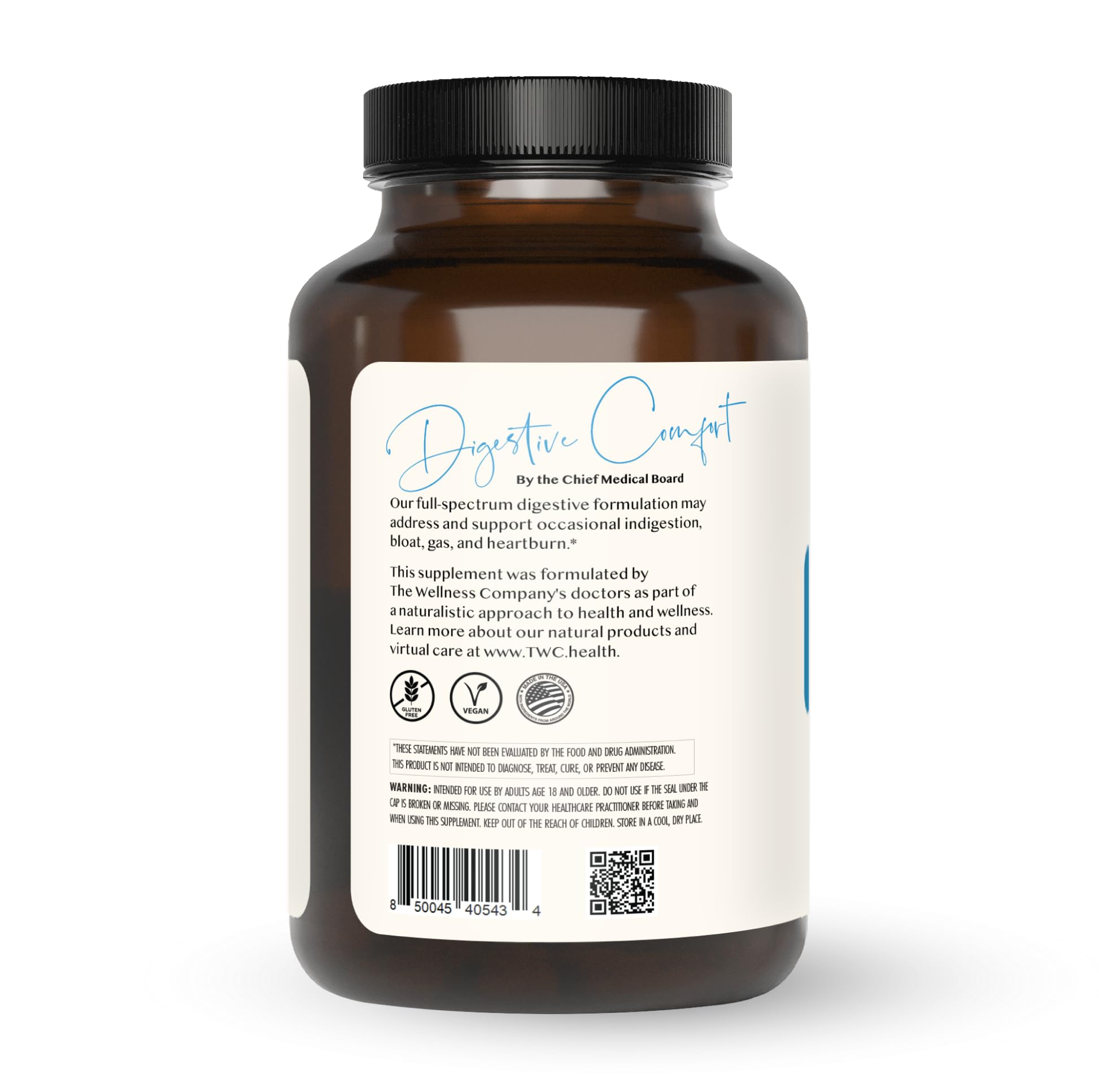 Digestive Comfort capsules show vegan, non-GMO formulation.