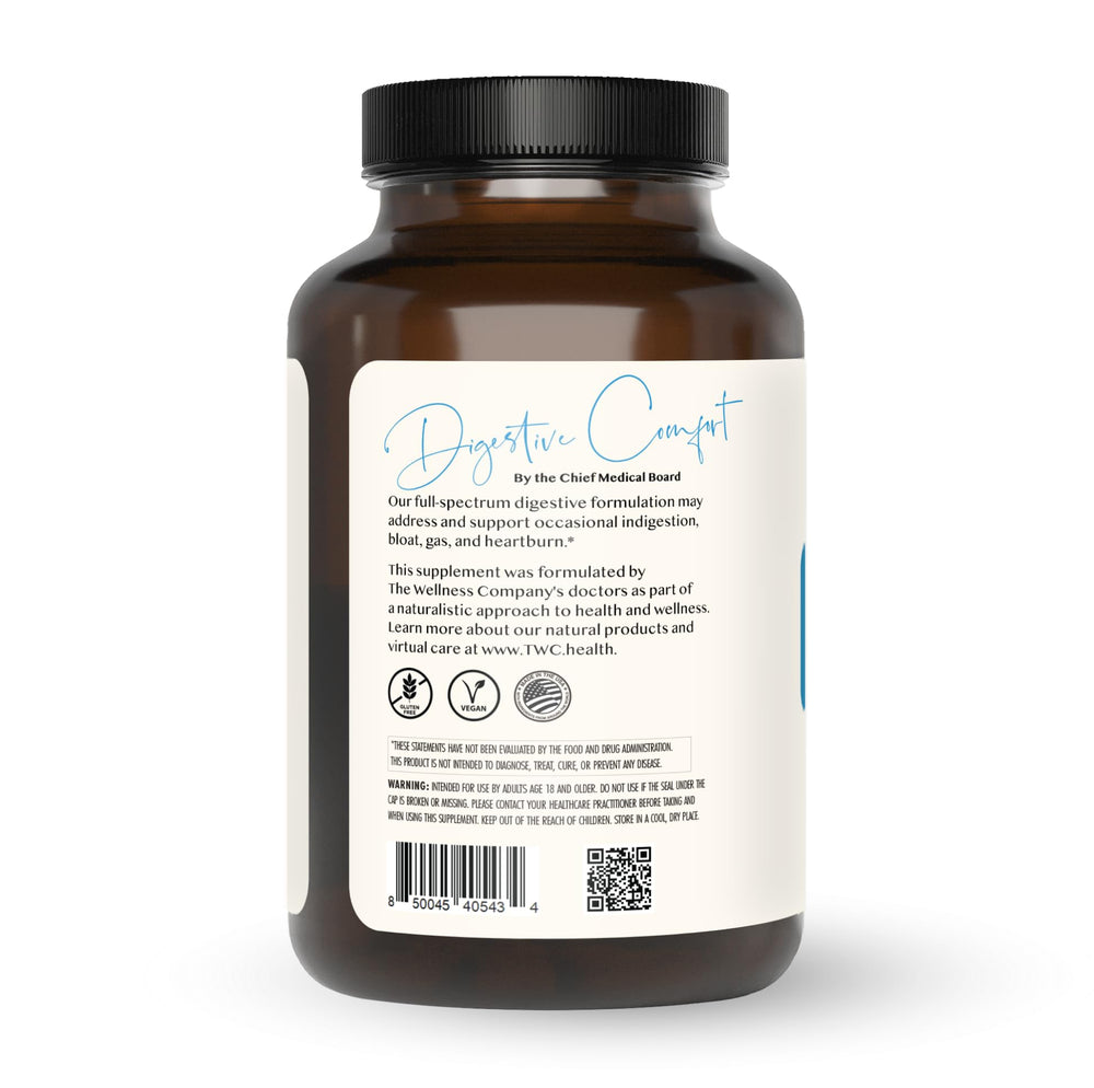 Digestive Comfort capsules show vegan, non-GMO formulation.