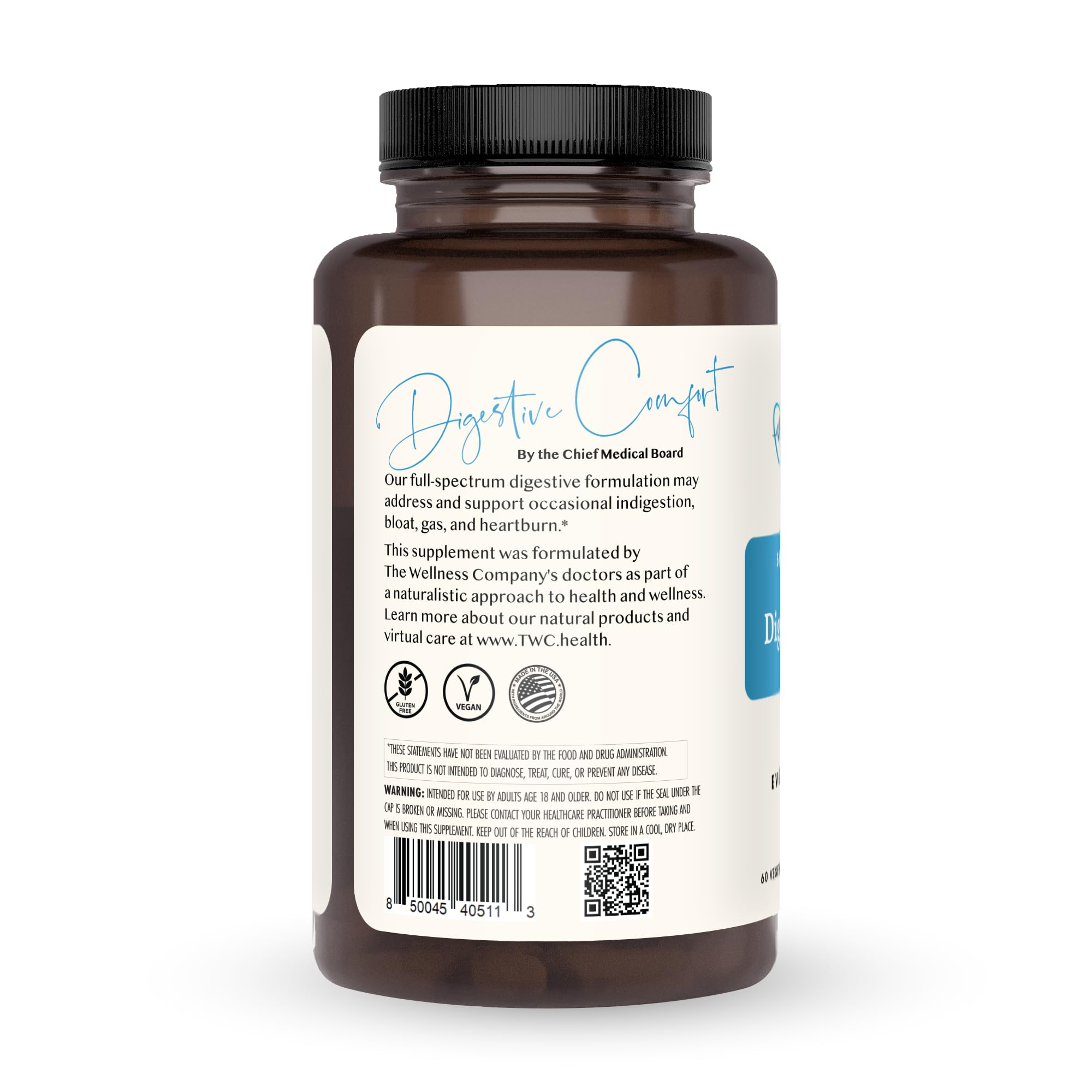 Digestive Comfort label highlighting key ingredients and formula.