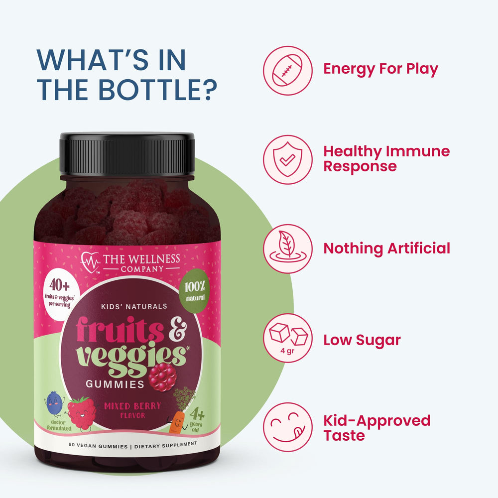 The Wellness Company Kids Naturals gummies kid-snack scene emphasizes convenient, 60-day supply for families.