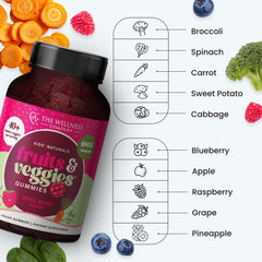 The Wellness Company Kids Naturals gummies serving shot suggests two gummies per serving for daily nutrition.