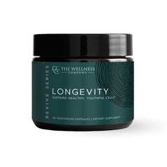 The Wellness Company Longevity NR bottle supports NAD+ related energy and mental clarity.