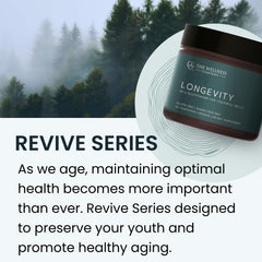 The Wellness Company Longevity packaging shows vegan, non-GMO ingredients and clear dosing.
