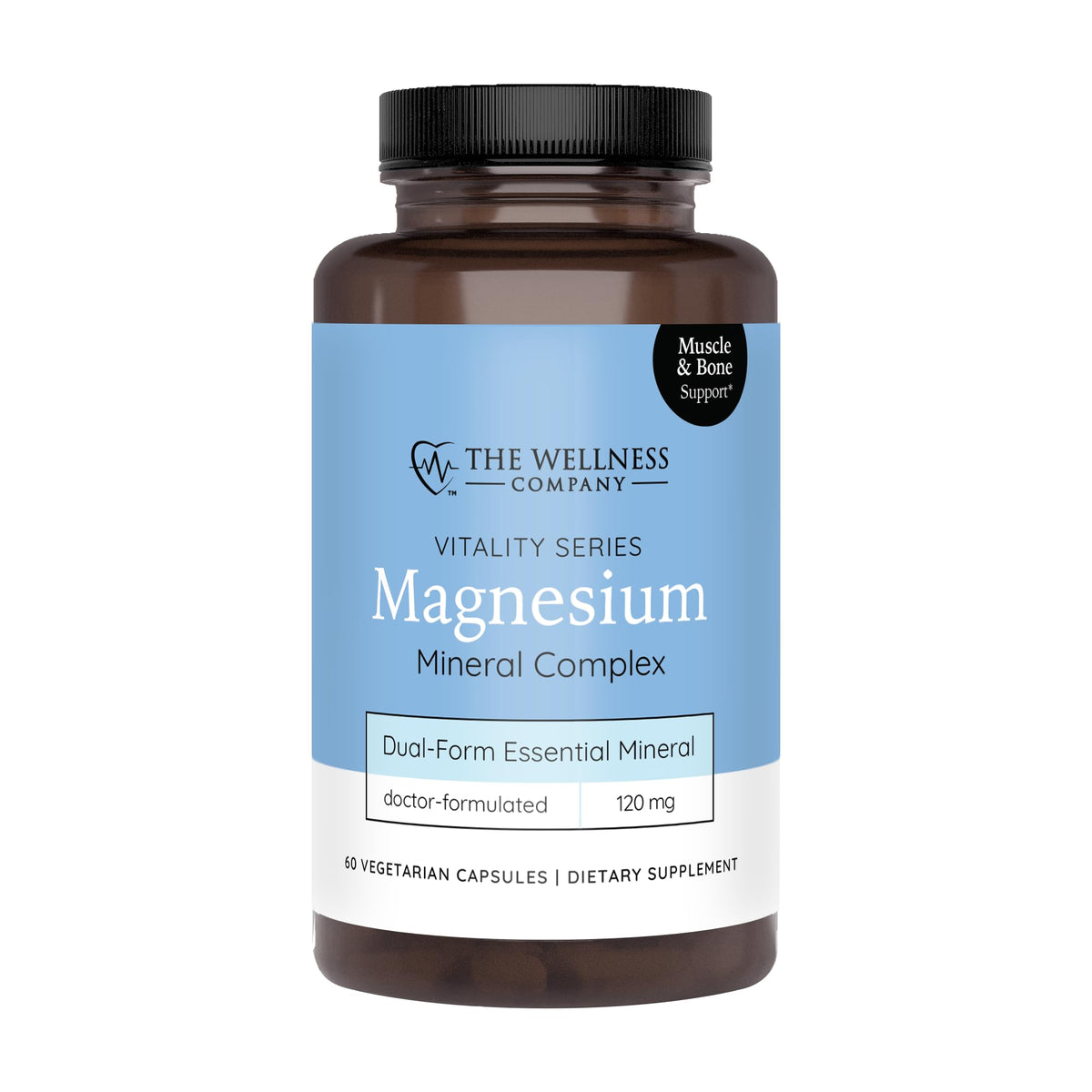 The Wellness Company magnesium glycinate citrate bottle label supports relaxation and sleep health.