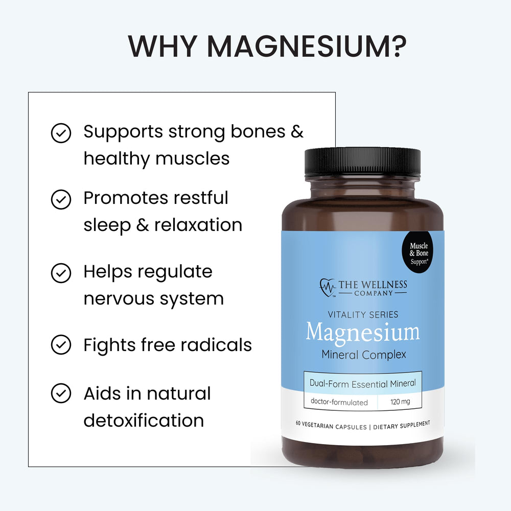 The Wellness Company magnesium glycinate citrate nutrition facts panel indicates bioavailable magnesium forms for sleep-support potential.