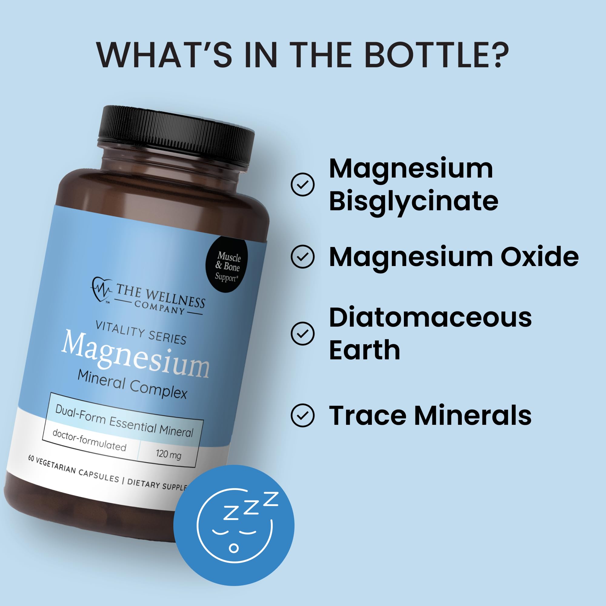 The Wellness Company magnesium glycinate citrate packaging front indicating a premium blend for nervous system balance.