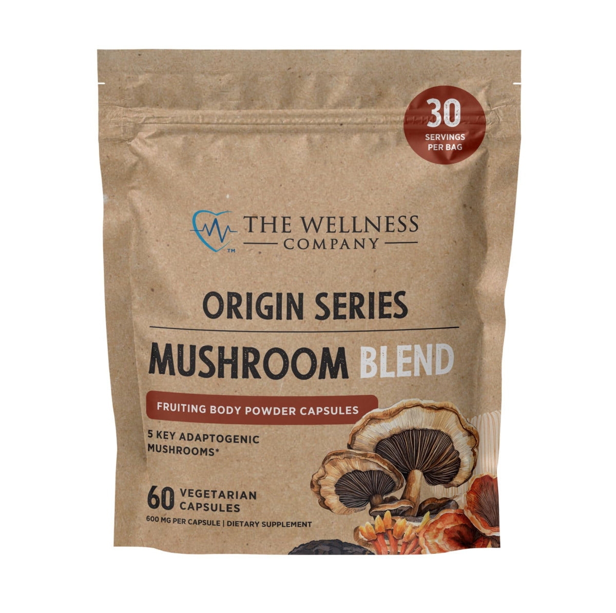 The Wellness Company Mushroom Blend bottle for everyday immune and clarity support.