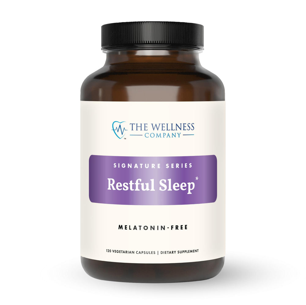 The Wellness Company Restful Sleep bottle, non-habit forming sleep support for calm nights.