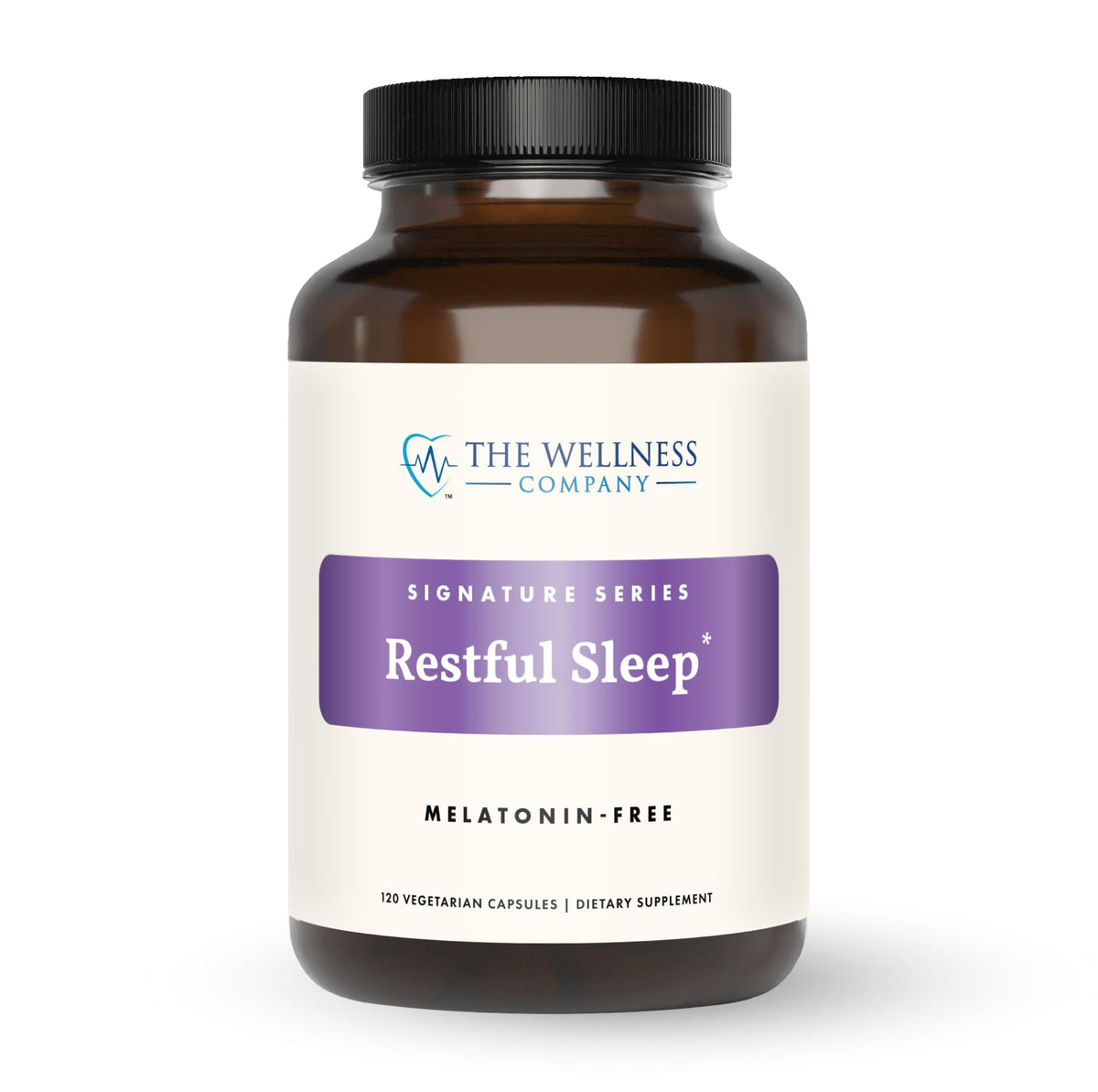 The Wellness Company Restful Sleep bottle, non-habit forming sleep support for calm nights.