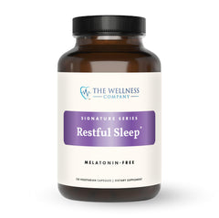 The Wellness Company Restful Sleep bottle, non-habit forming sleep support for calm nights.