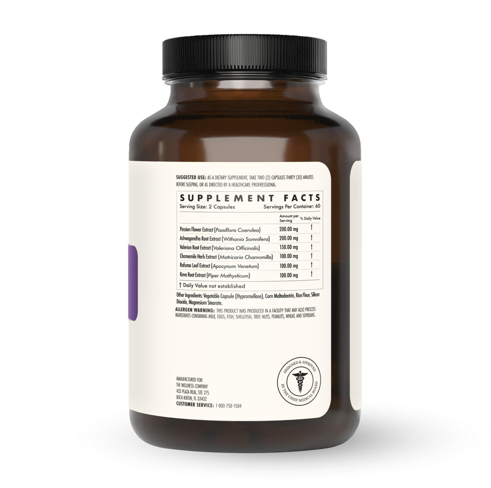 The Wellness Company Restful Sleep packaging highlighting melatonin-free formulation for natural wind-down.