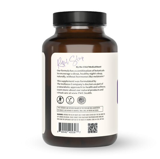 The Wellness Company Restful Sleep capsules, convenient two-capsule daily ritual.