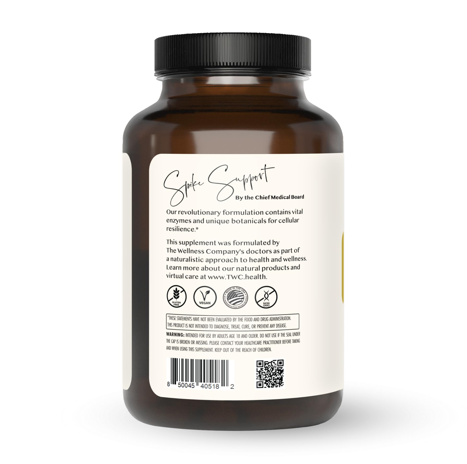 Close-up of Spike Support capsules highlighting vegan, non-GMO ingredients for daily use.