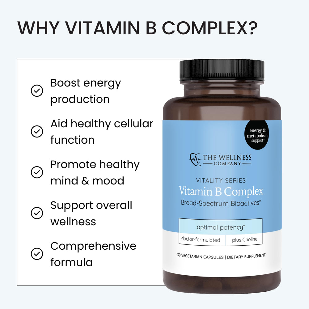The Wellness Company Vitamin B Complex on a desk setup supports daily wellness during work
