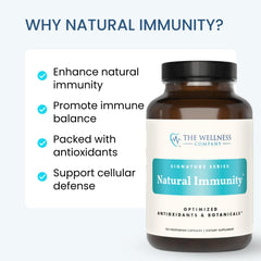 The Wellness Company Zinc and Vitamin C Quercetin capsules showing targeted nutrients for cellular balance.