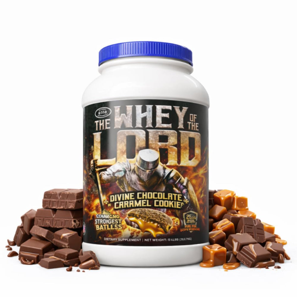 The Whey of The Lord Divine Whey Protein Isolate bottle highlights premium formula for post-workout recovery.